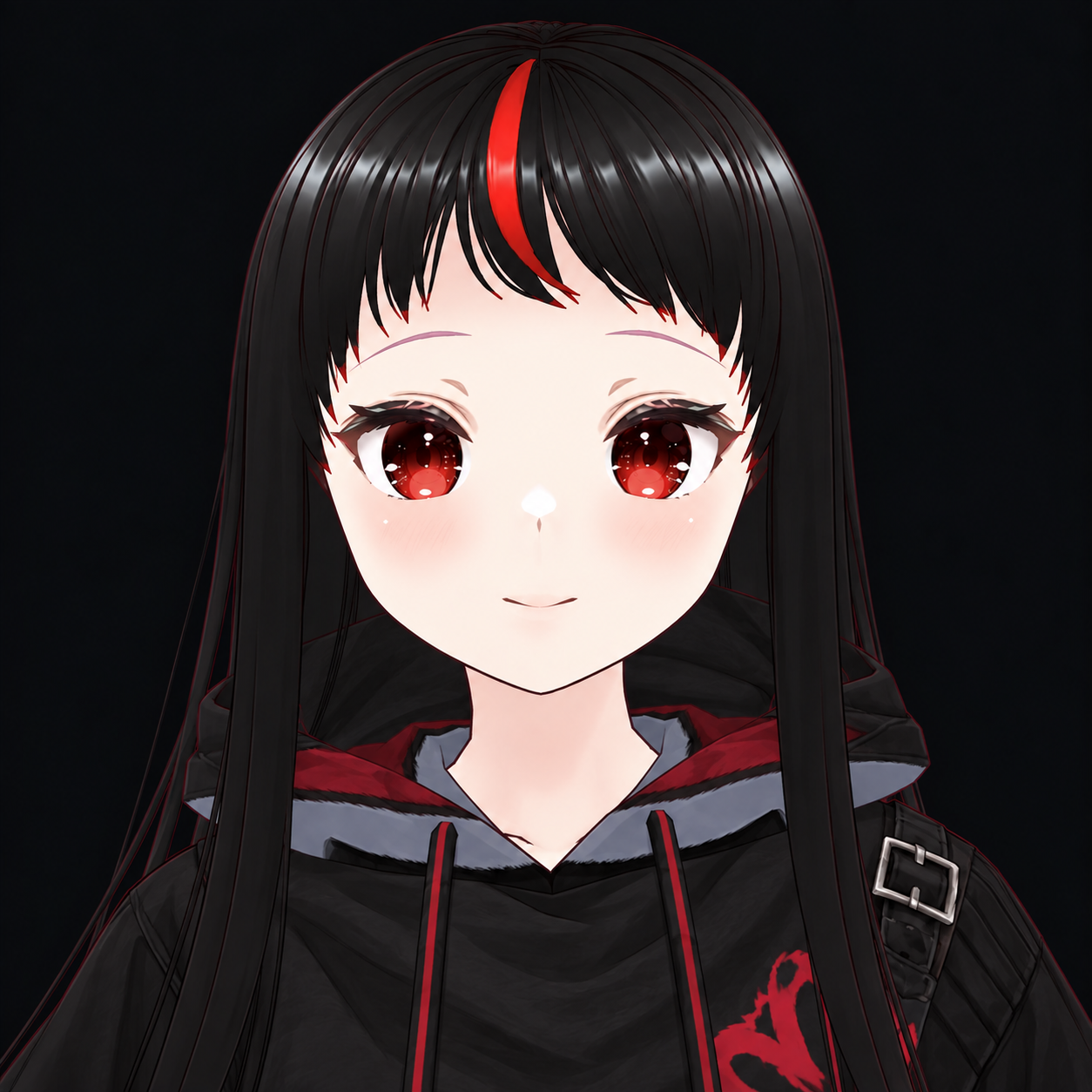 Nino, with long black hair, a red streak, and bright red eyes